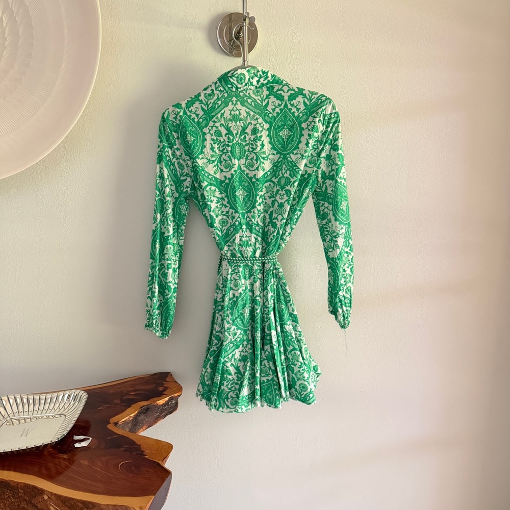 Zara Green and White Long Sleeve Wrap Dress